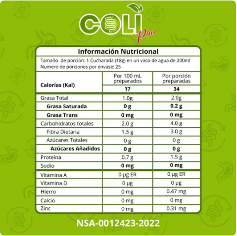 Tabla de Información Nutricional ColiPlus - Registro INVIMA NSA-0012423-2022